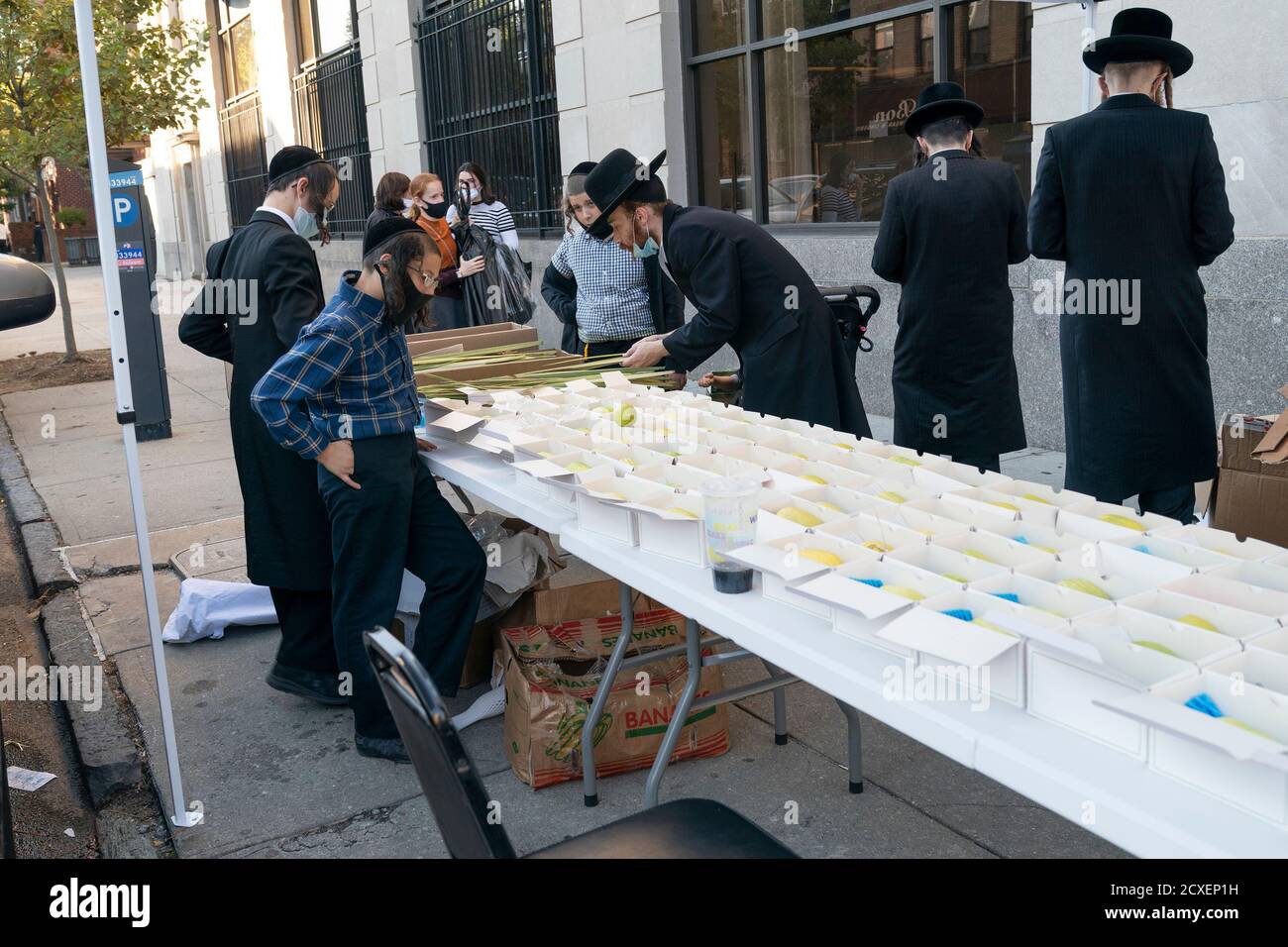 NYC cercando di crack down su maschera indossando in zone dove Spike in casi positivi rilevato a Brooklyn, New York il 30 settembre 2020. I funzionari della città preoccupati per i picchi nelle comunità ortodosse prevalentemente ebraiche hanno iniziato a distribuire maschere gratuite e disinfettanti per le mani, nonché volantini per combattere un numero crescente di casi positivi COVID-19. Mentre Sukkot Holiday si avvicina la gente sta comprando gli attributi come le foglie di palma, ramo di salice albero, etrog e maturo, verde, fronte chiuso da un albero di palma di data. (Foto di Lev Radin/Sipa USA) Foto Stock