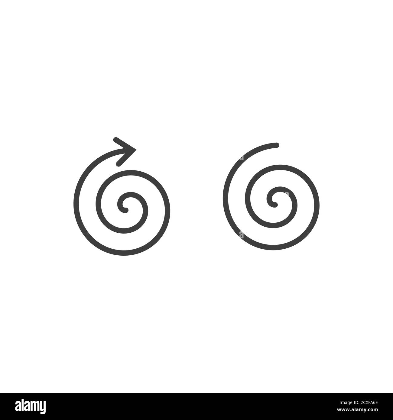 Spirale lineare grande con freccia. Spirale archimedina di colore nero con dieci torniture di un braccio di una spirale aritmetica, rotante con angolo costante Illustrazione Vettoriale