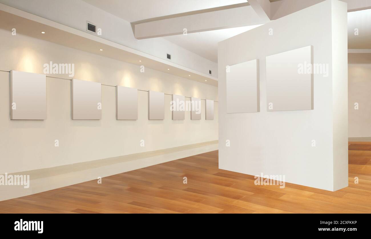 Sala galleria d'arte con cornice vuota sul muro Foto Stock