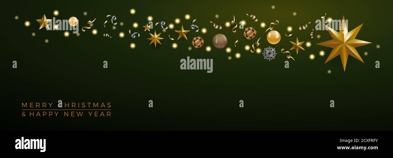 Banner natalizio, decorazioni con cometa astratta e stella su sfondo verde Illustrazione Vettoriale