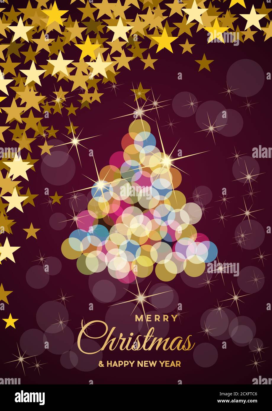 Albero di Natale fatto luce sfocata, cartolina vettoriale o saluto su sfondo viola Illustrazione Vettoriale