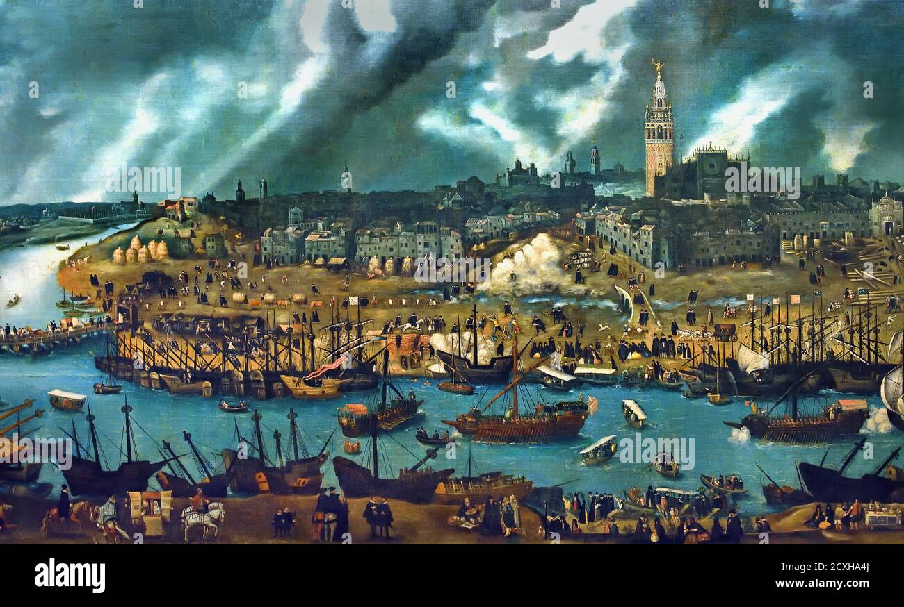 Siviglia nel 16 ° secolo, Età coloniale d'oro. Cantieri navali e giardini, dal quartiere Triana. Attraverso il fiume Guadalquivir arrivò la flotta delle Indie, la flotta di galeoni che collegava la città con le viceiree americane. Alonso Sánchez Coello 1531 –1588 Ritratto iberico del Rinascimento spagnolo e portoghese. Foto Stock