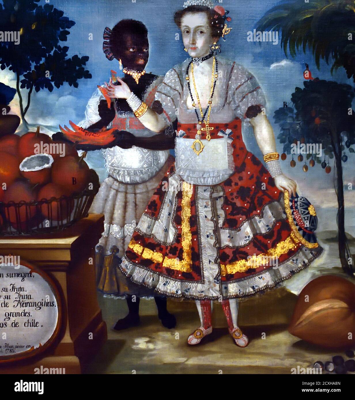 Signora spagnola con la sua donna nera schiava di Vicente Albán 1783 America, americana, ( nel 1783 il pittore ecuadoriano Vicente Albán dipinse rappresentando i tipi di corpo umano presi dalla società locale. Vestita e adornata alla moda del tempo nell'udienza reale di Quito ) Vinciente Albán nato nel 1725 a Quito, Ecuador, è stato un pittore ecuadoriano di indigeni (Yumbo People) e Criolos ispanici nei loro abiti nativi', Ecuador, Foto Stock