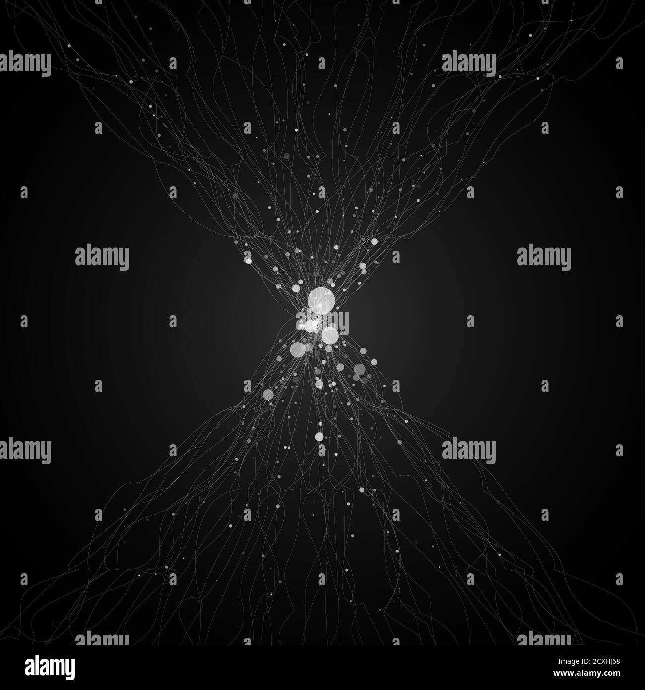 Visualizzazione dei big data. Linee con un gruppo di punti al centro. Algoritmi di deep learning. Bianco e nero. Design per il business, la scienza Illustrazione Vettoriale