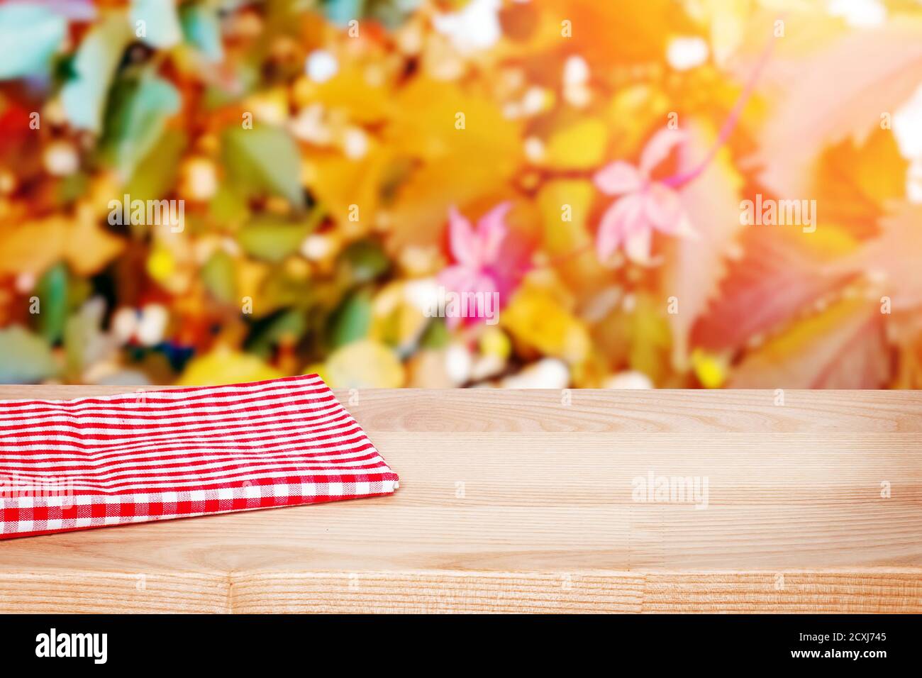 Tavolo vuoto in legno sullo sfondo di alberi d'autunno sfocati Foto Stock