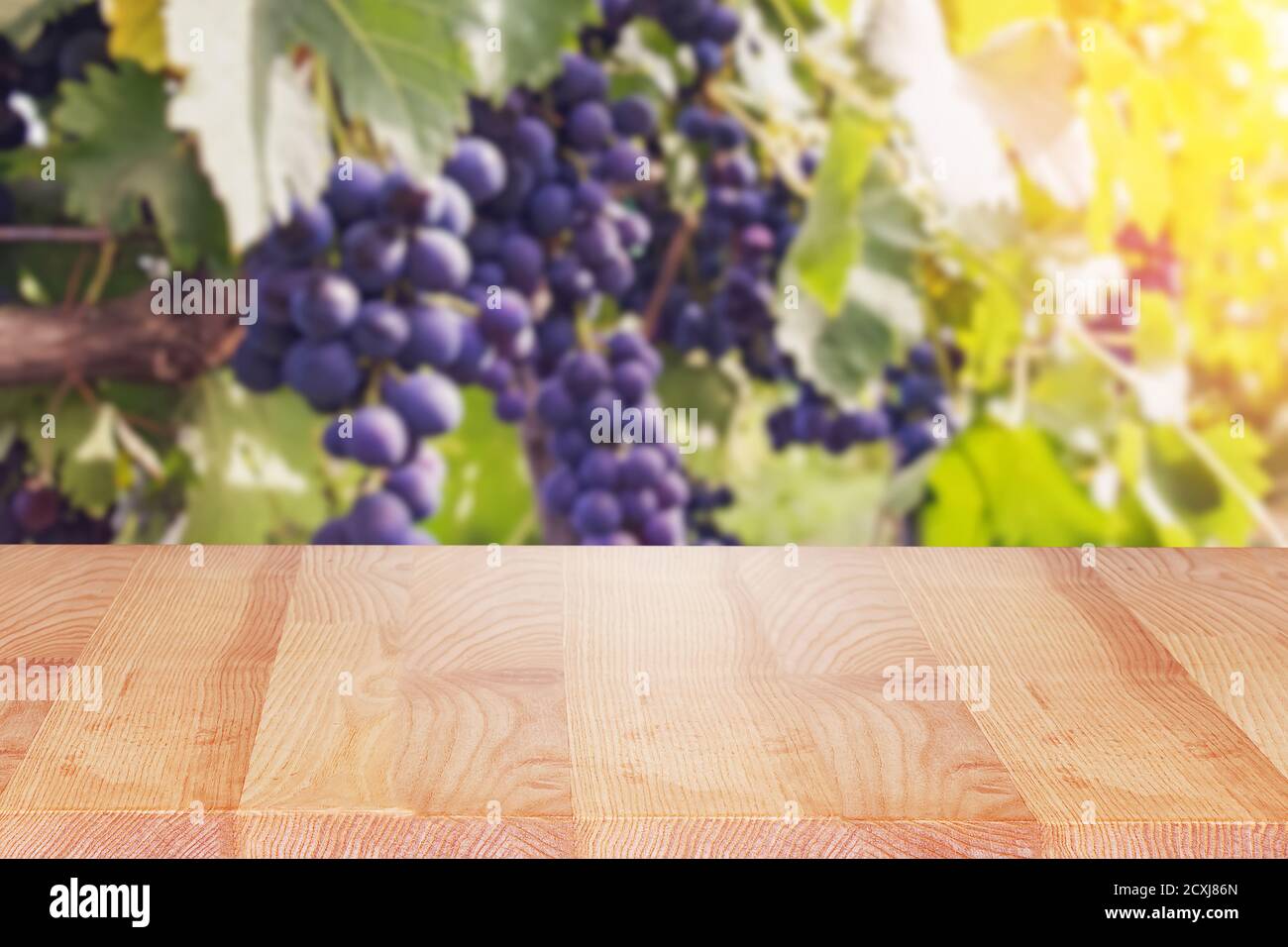 Tavolo vuoto in legno sullo sfondo di vigneto sfocato Foto Stock