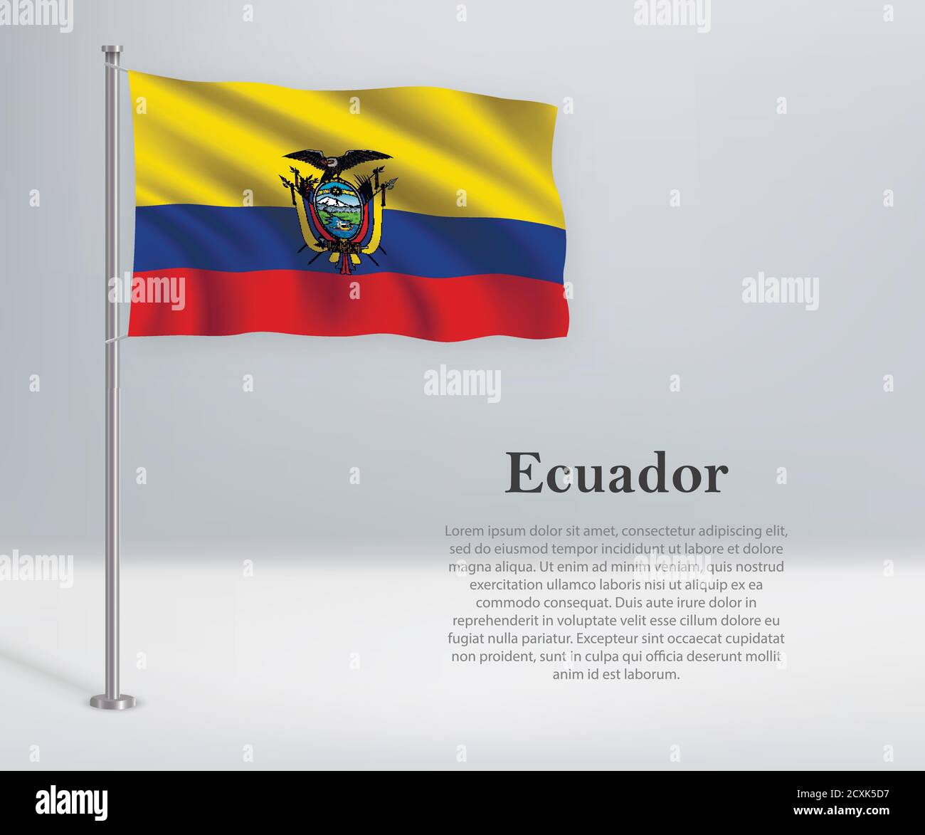 Bandiera ondulata dell'Ecuador sul flagpole. Modello per l'indipendenza da Illustrazione Vettoriale