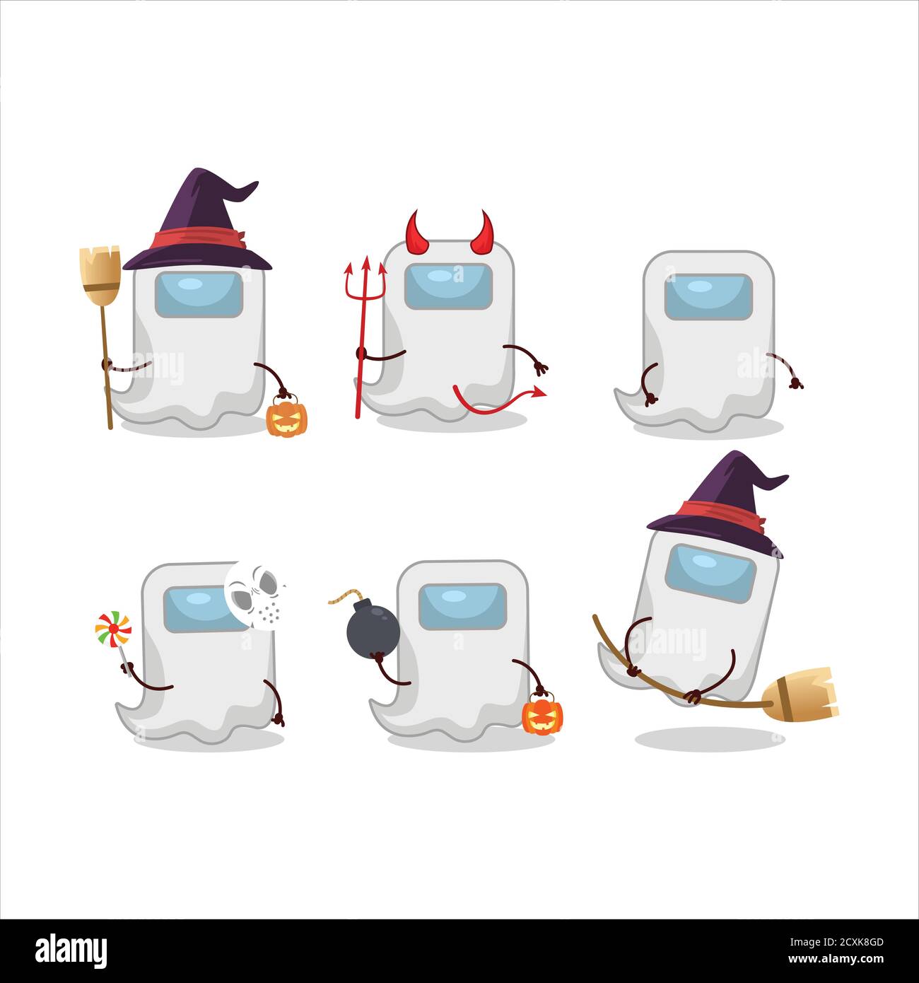 Halloween espressione emoticon con cartoon carattere di fantasma tra noi bianco Illustrazione Vettoriale