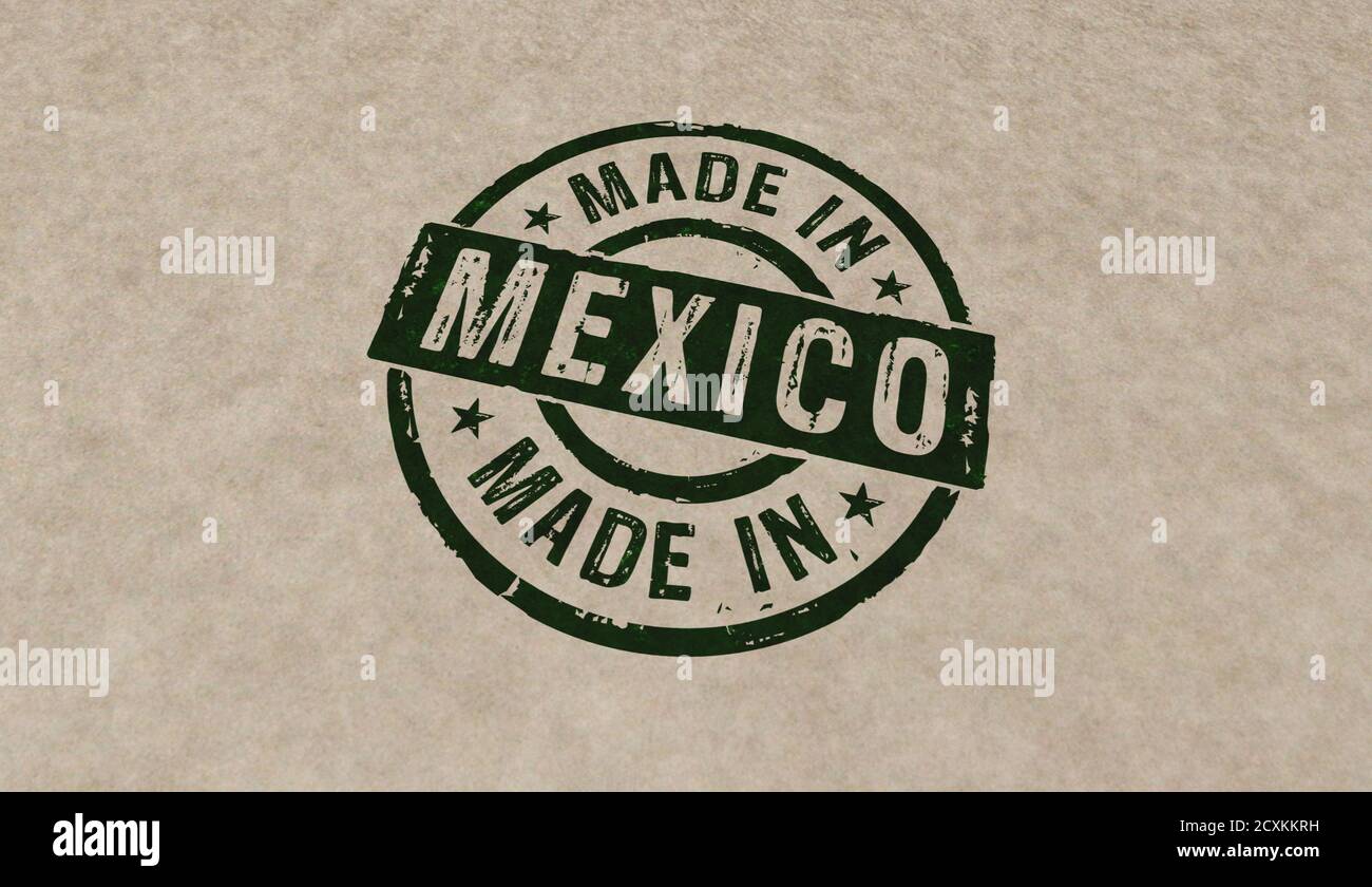 Icone di francobolli made in Mexico in poche versioni a colori. Illustrazione del rendering 3D del concetto di fabbrica, produzione e paese di produzione. Foto Stock