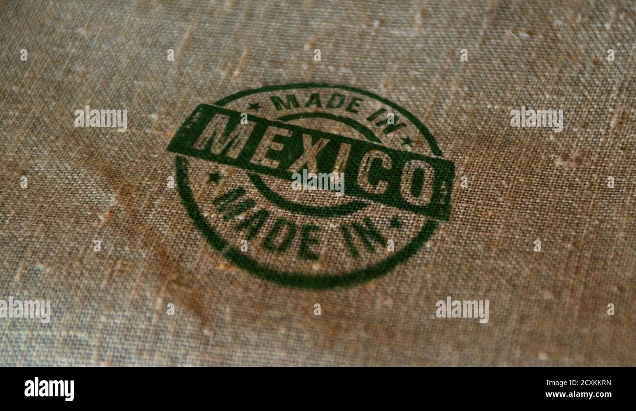 Stampato in Messico su sacco di lino. Concetto di fabbrica, produzione e paese di produzione. Foto Stock