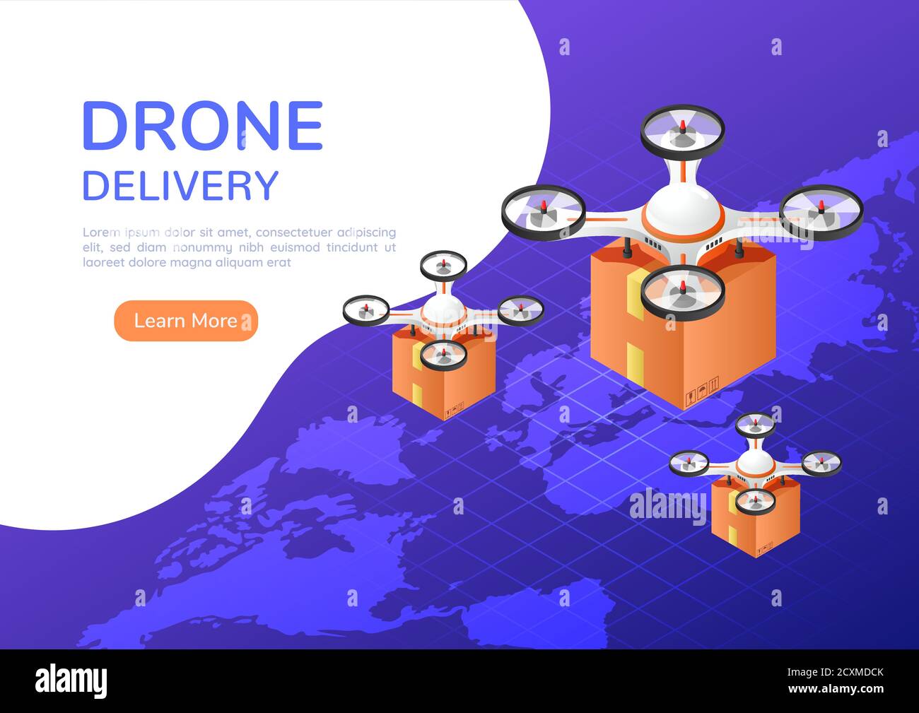 quadricottero o drone con banner web isometrico 3d che sorvola la mappa del mondo e trasporta un pacchetto alla consegna. Concetto innovativo di consegna e spedizione dei droni. Illustrazione Vettoriale