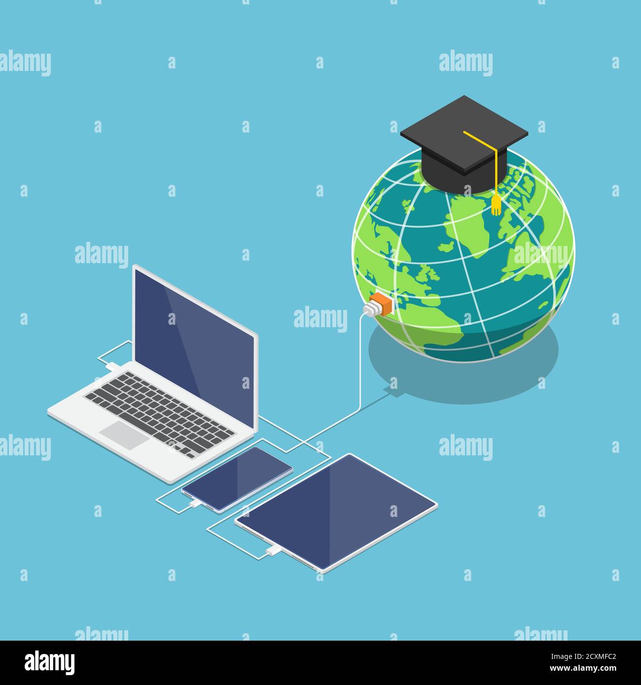Mondo isometrico 3d piatto con tappo graduato collegato a smartphone e tablet. Concetto globale di formazione online e e-learning. Illustrazione Vettoriale