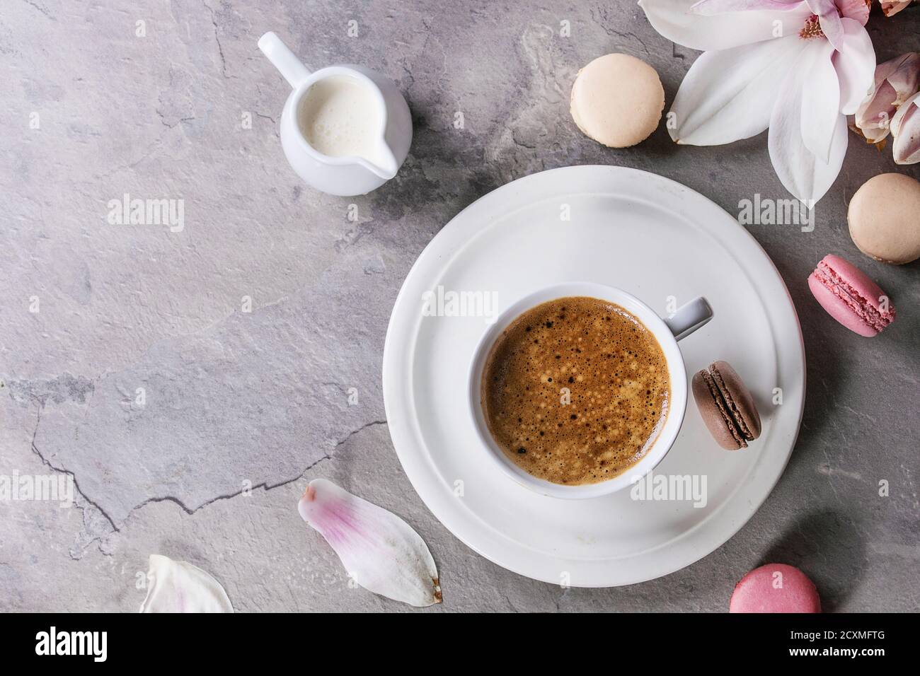 Tazza bianca di caffè nero, servita su piattino bianco con brocca di panna, biscotti macaroon e ramo di fiori magnolia su sfondo grigio Foto Stock