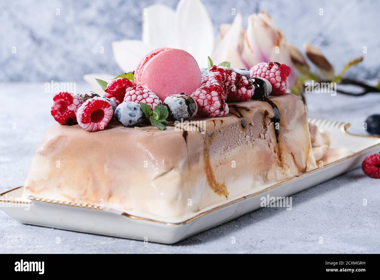 Tre strati di vaniglia, caffè e cioccolato torta gelato, servita con frutti di bosco surgelati e amaretti biscotti di forma rettangolare sulla piastra bianca, napki tessili Foto Stock