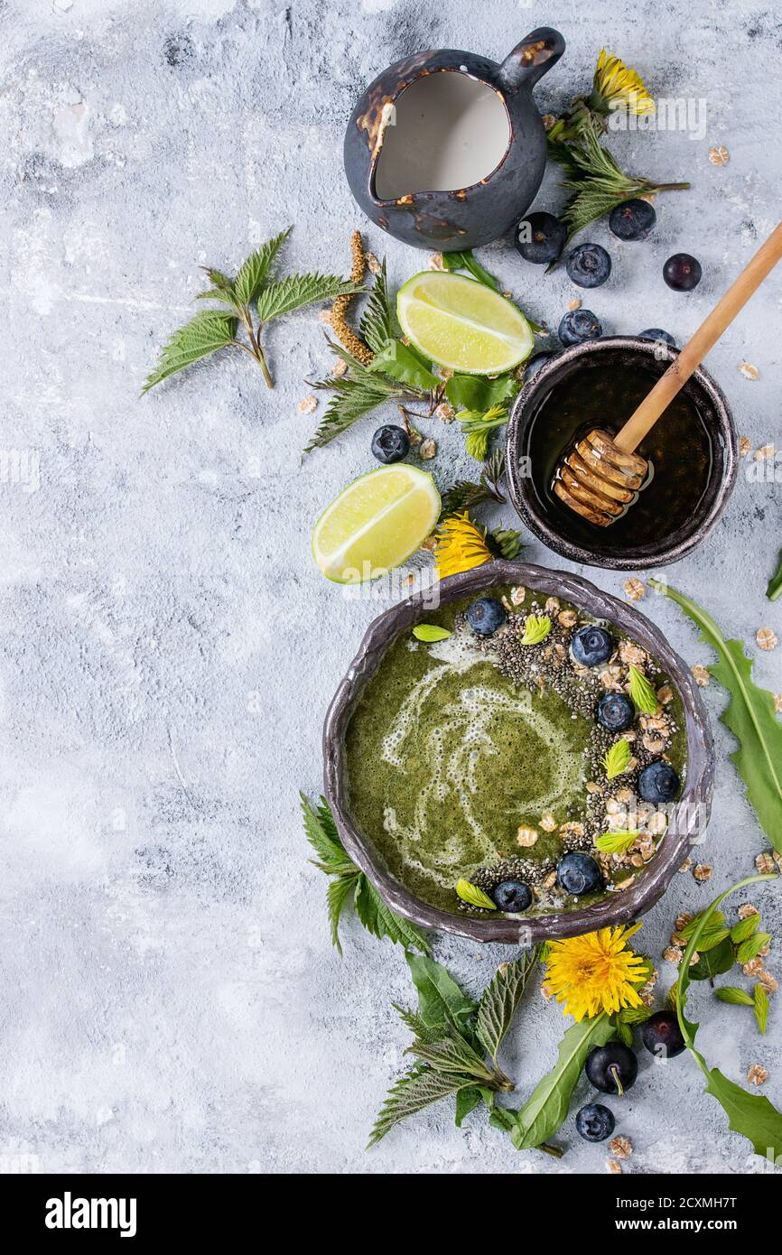 Verde primavera ortica e tarassaco ciotola smoothie servita con calce, fiori gialli, foglie giovani, fiocchi di avena, semi di Chia, mirtilli, la crema di latte e miele o Foto Stock