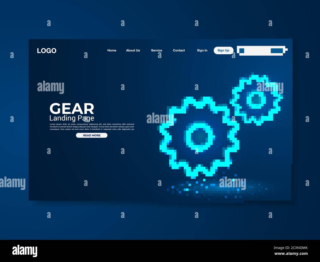 Landing page della tecnologia Gear con mappa del mondo, interfaccia, vettore, illustrazione, file eps 10 Illustrazione Vettoriale
