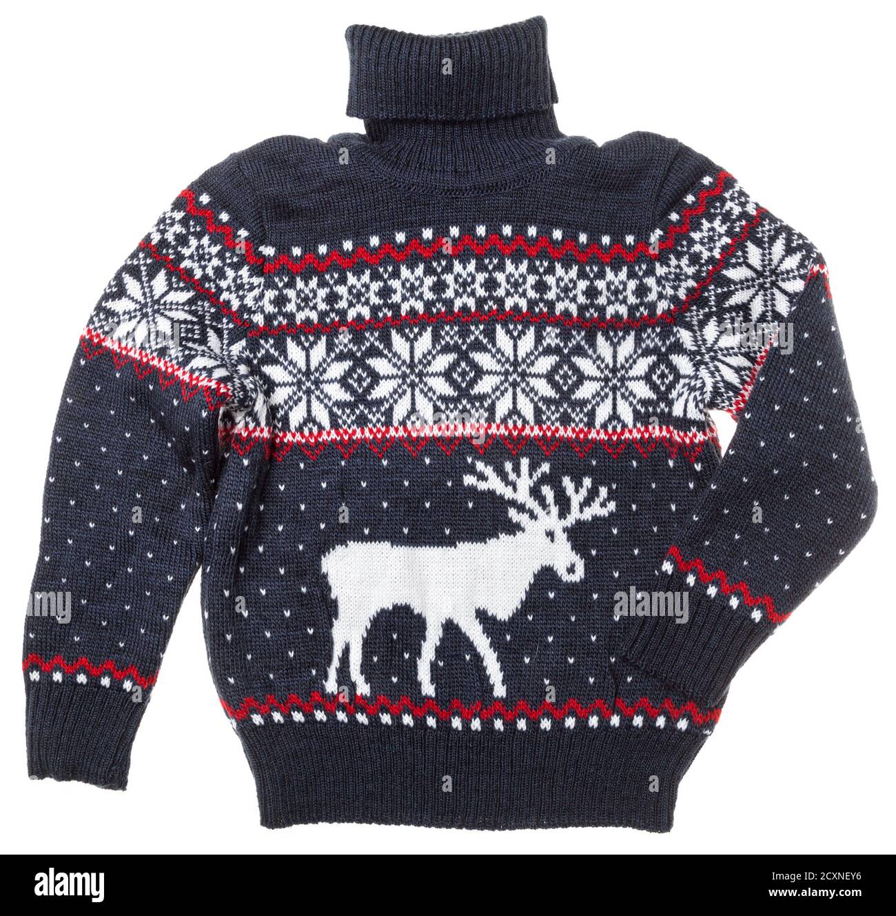 Per i bambini di Natale a maglia turtleneck maglione di design tradizionale con alce elk o ornamento isolati su sfondo bianco Foto Stock