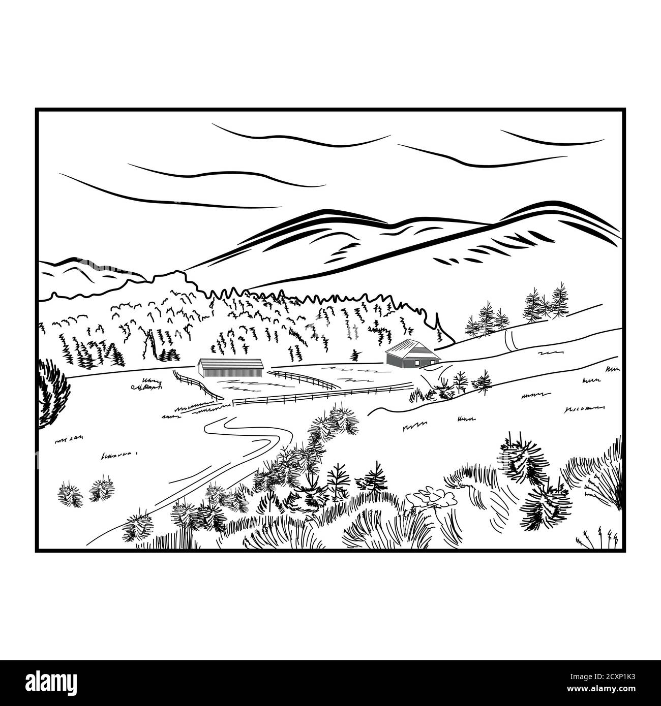 Paesaggio disegnato a mano con strada per casa e pineta. Linea di schizzo Illustrazione Vettoriale