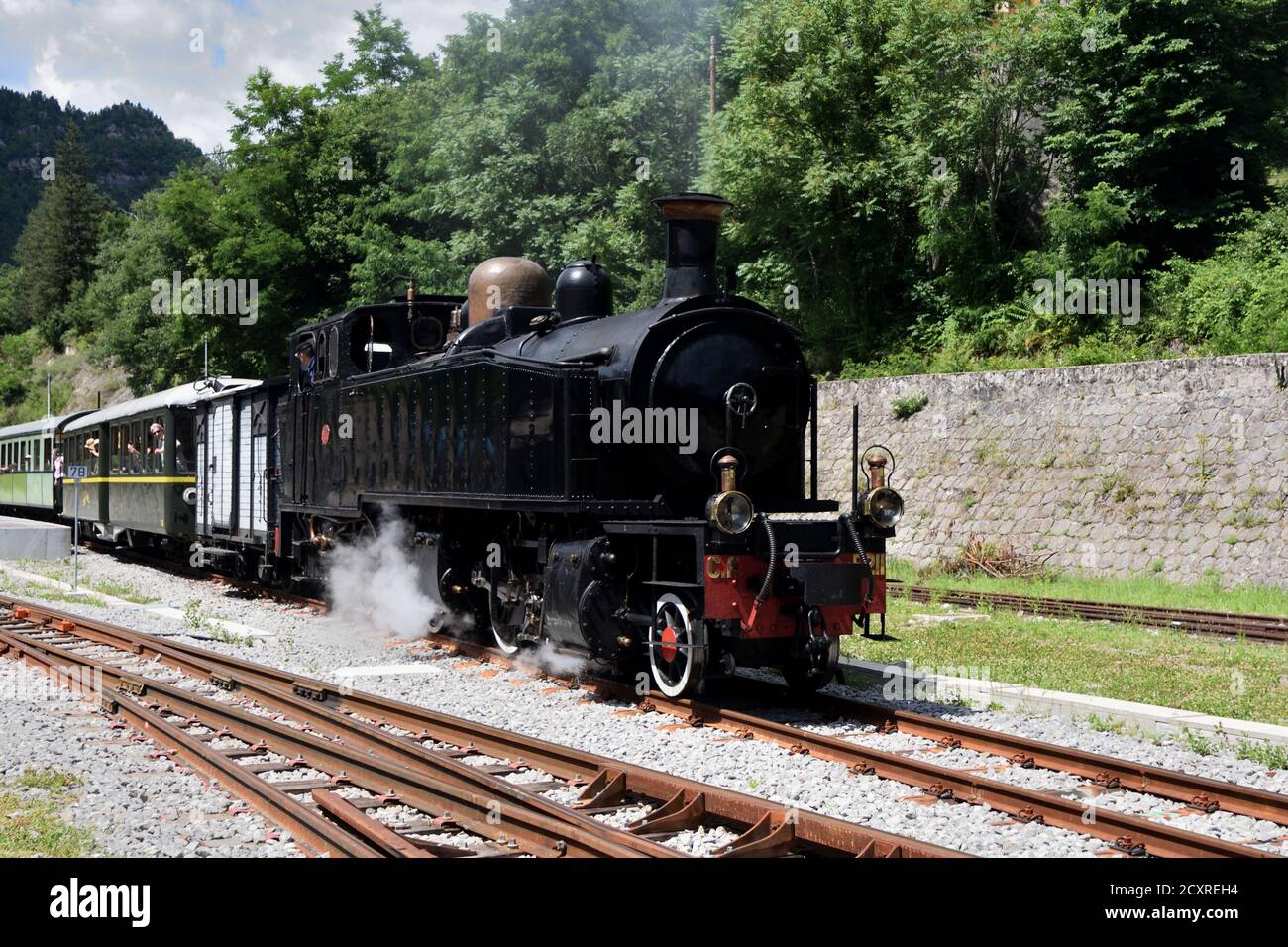 Treno a vapore o treno des Pignes alla stazione ferroviaria A Annot Alpes-de-Haute-Provence Provenza Francia Foto Stock