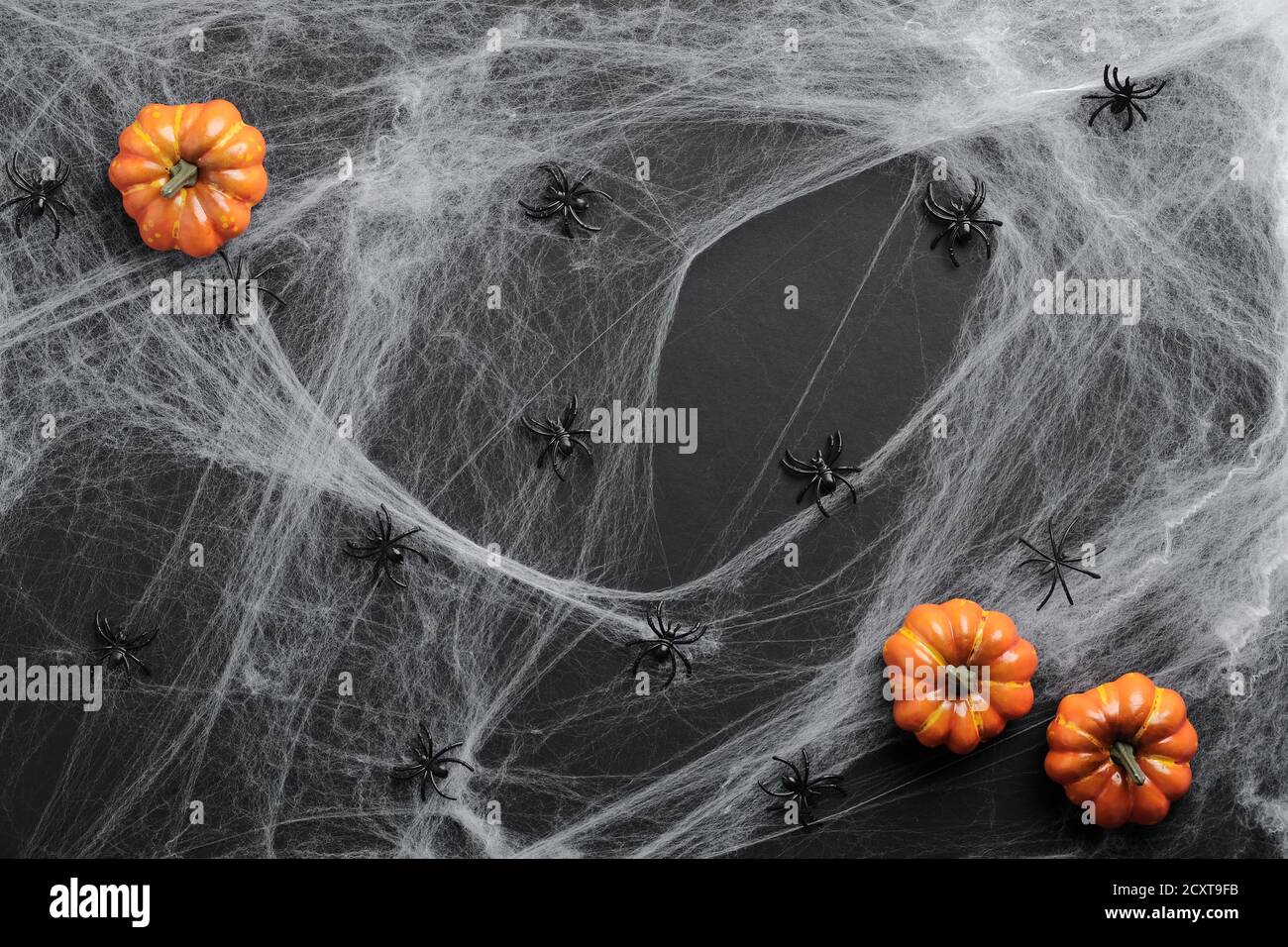 Halloween piatto composizione di posa. Spaventoso ragnatela, ragni, zucche arancioni su sfondo nero. Vista dall'alto. Foto Stock