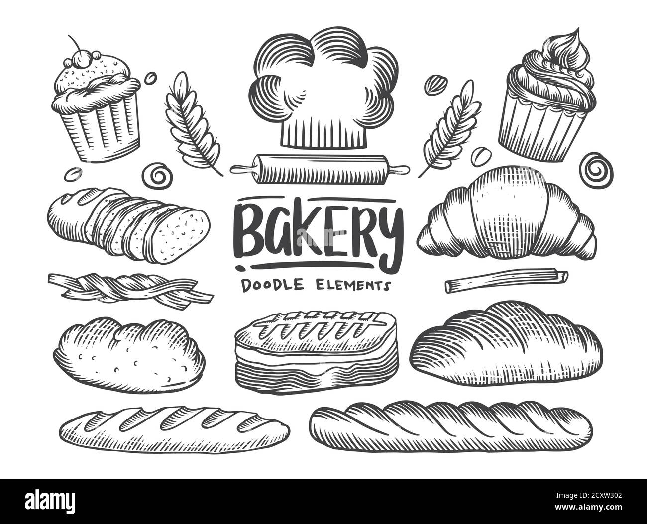 Set di disegni a tema panetteria, torte, pane e pasticceria collezione. Pane house. Vettore in bianco e nero disegno isolato su fondo bianco Immagine e Vettoriale - Alamy