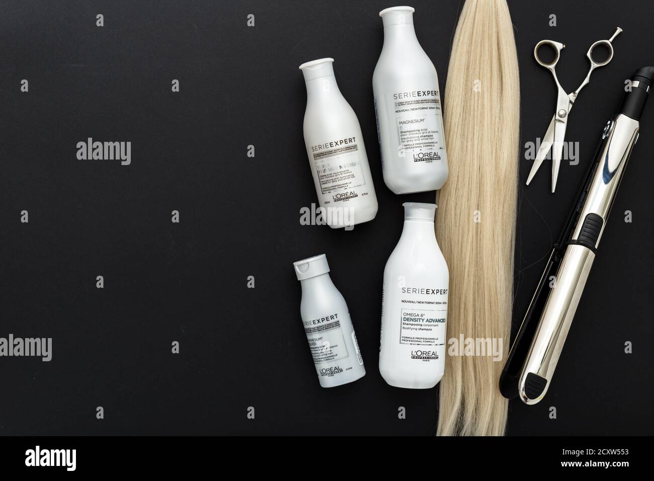 L'oreal professionnel Paris Serie Expert Silver hair Professional products.Loreal shampoo Crema.professionale forbici da parrucchiere, ferro da stiro Babyliss Foto Stock