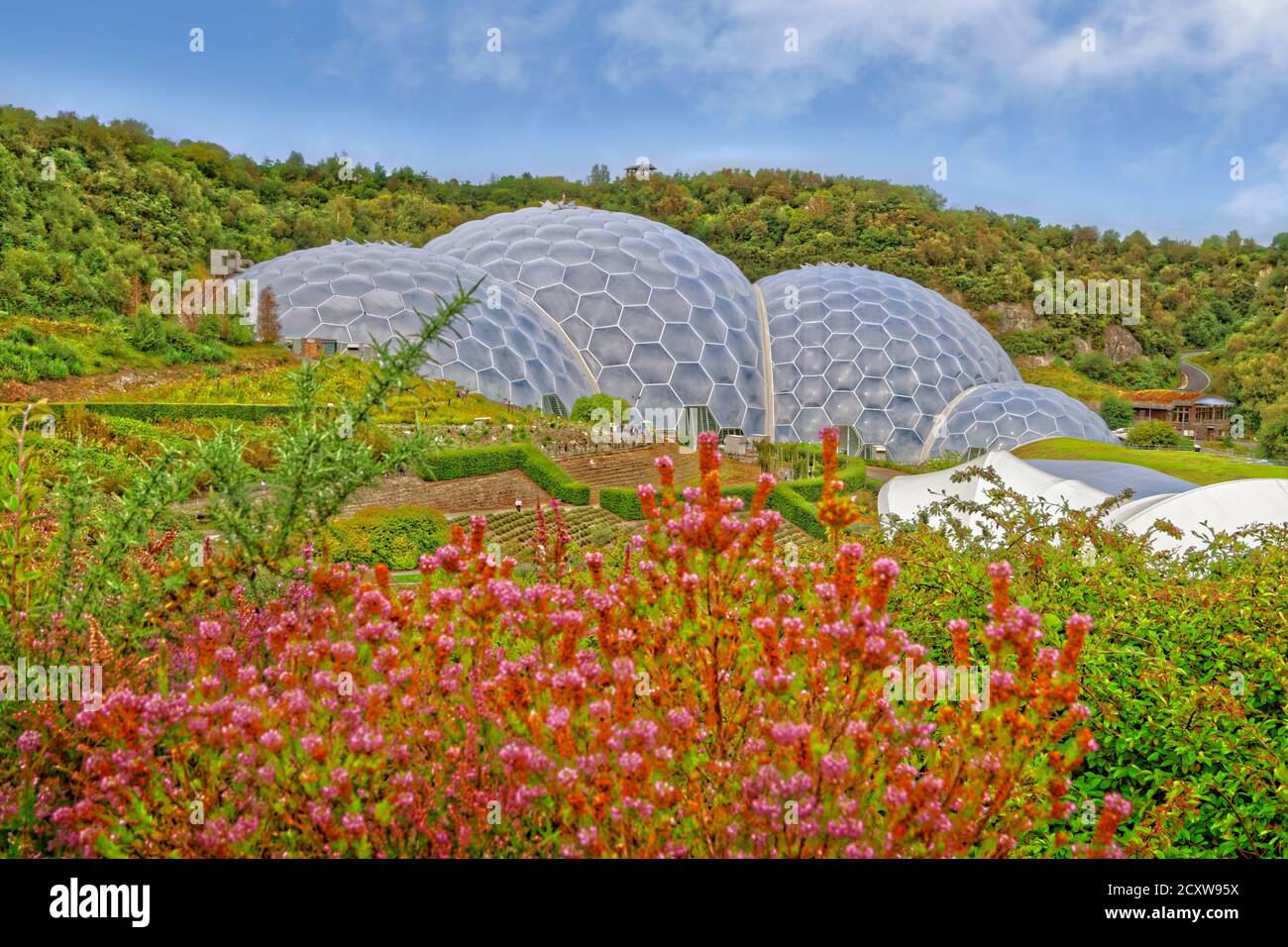 The Eden Project Biomes, Bodelva vicino a St. Austell, Cornovaglia, Inghilterra. Foto Stock