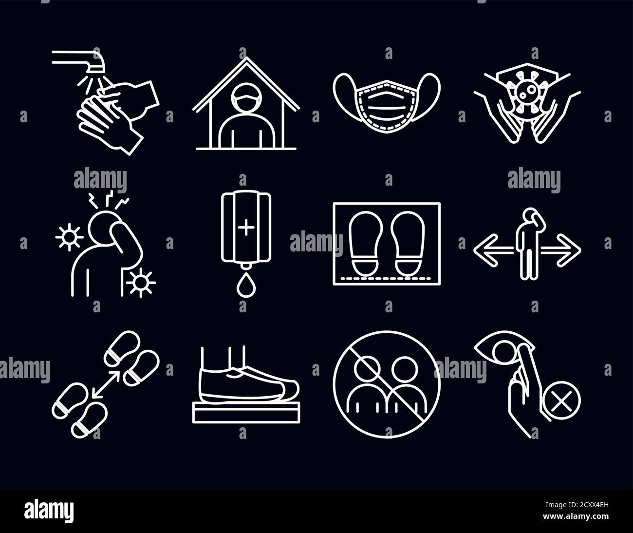 nuovo normale, dopo la malattia di coronavirus covid 19, lineare stili di icone illustrazione vettoriale raccolta Illustrazione Vettoriale