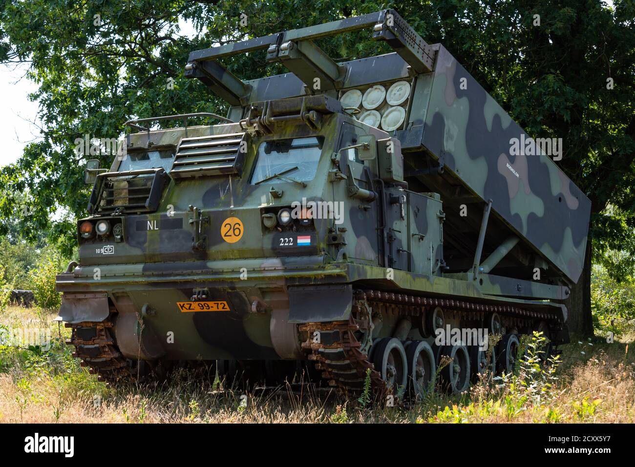Un sistema di lancio multiplo (MLRS) del M270 dell'Esercito reale dei Paesi Bassi. Foto Stock