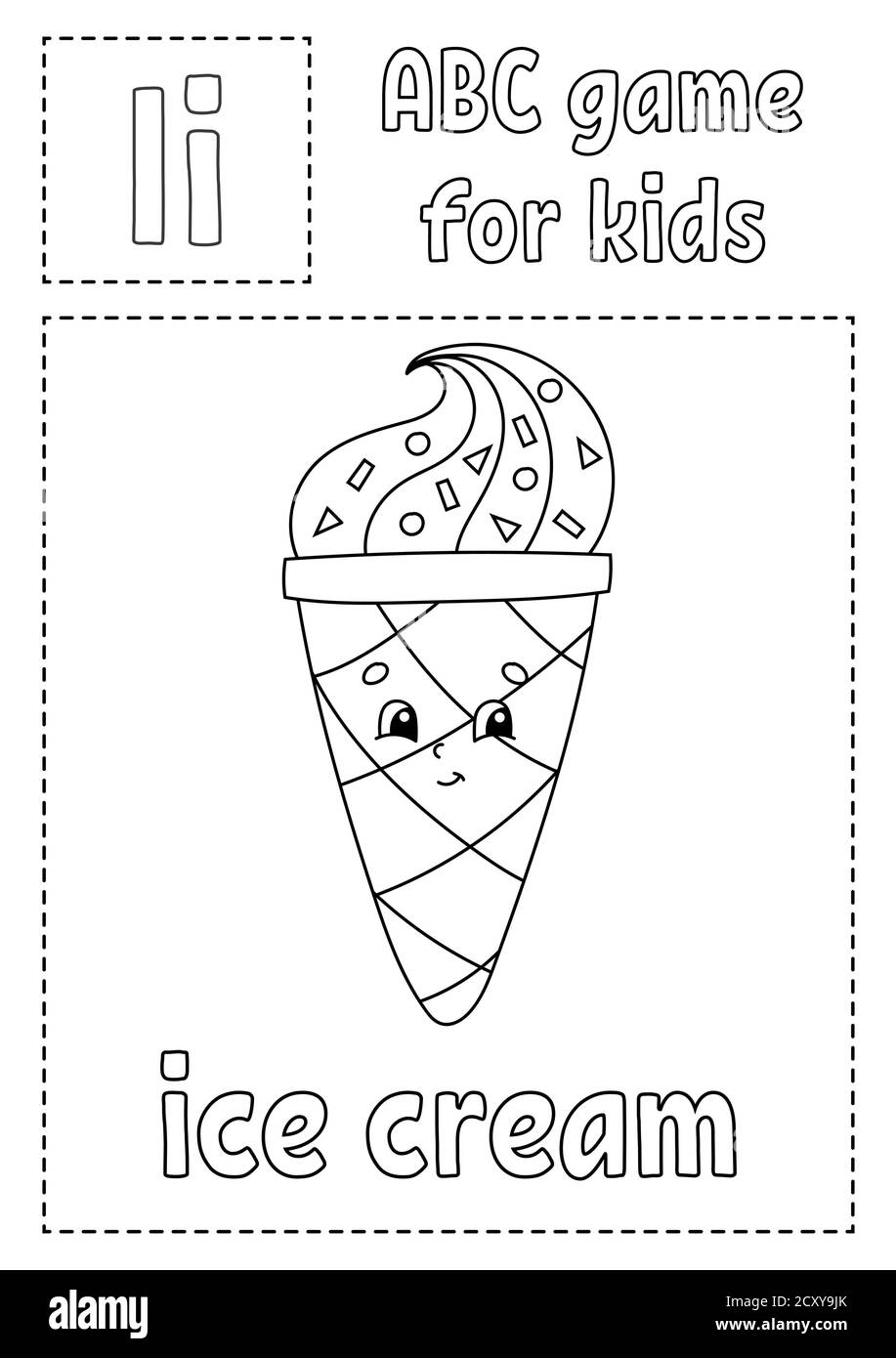 La lettera i è per il gelato. ABC gioco per bambini. Pagina di colorazione alfabetica. Personaggio cartoon. Parola e lettera. Illustrazione vettoriale. Illustrazione Vettoriale