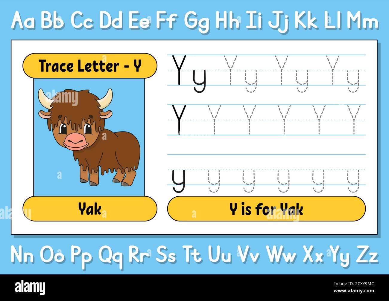 Lettere di traccia. Pratica di scrittura. Foglio di lavoro per i bambini. Imparare l'alfabeto. Carattere carino. Illustrazione vettoriale. Stile cartone animato. Illustrazione Vettoriale