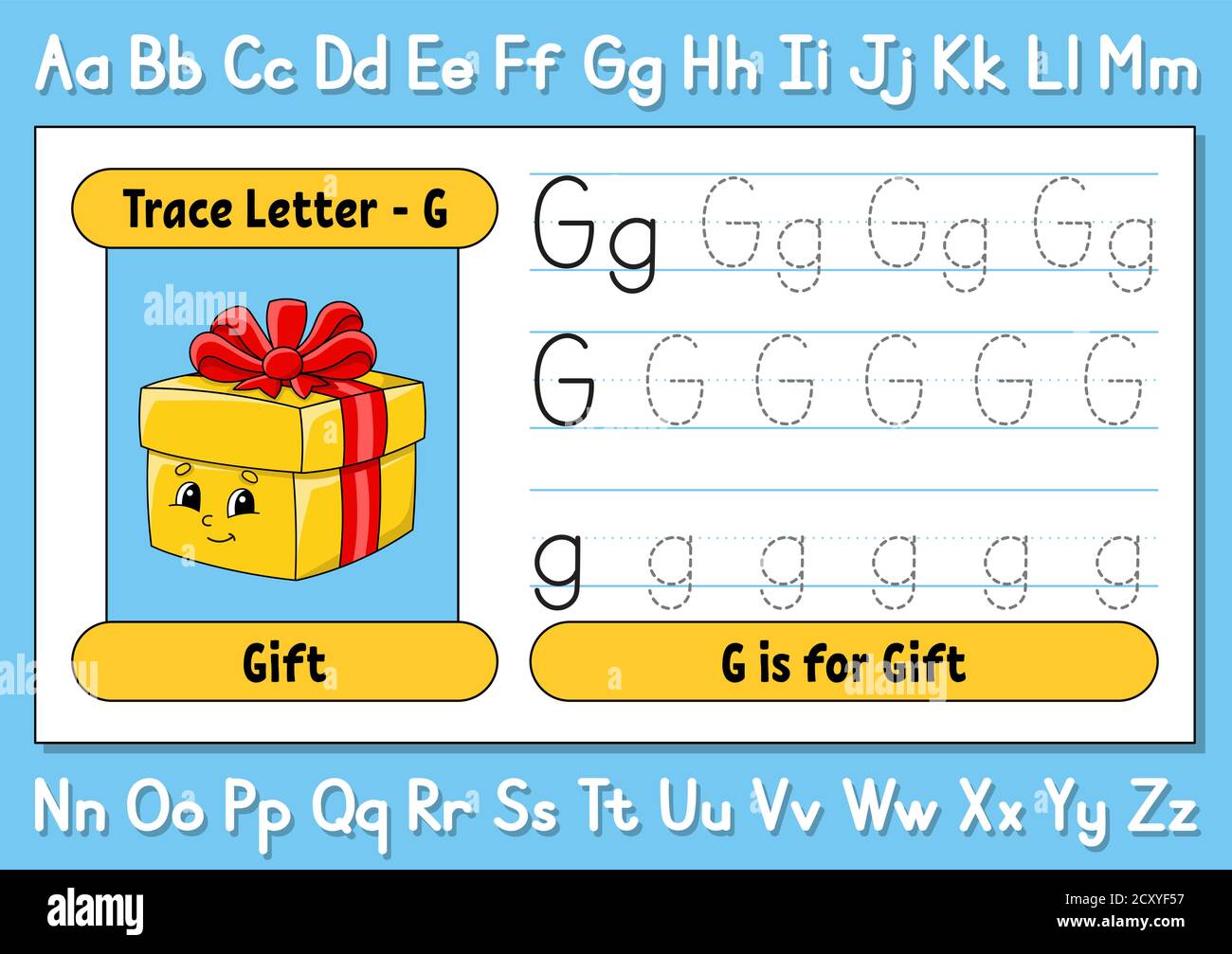 Lettere di traccia. Pratica di scrittura. Foglio di lavoro per i bambini. Imparare l'alfabeto. Carattere carino. Illustrazione vettoriale. Stile cartone animato. Illustrazione Vettoriale