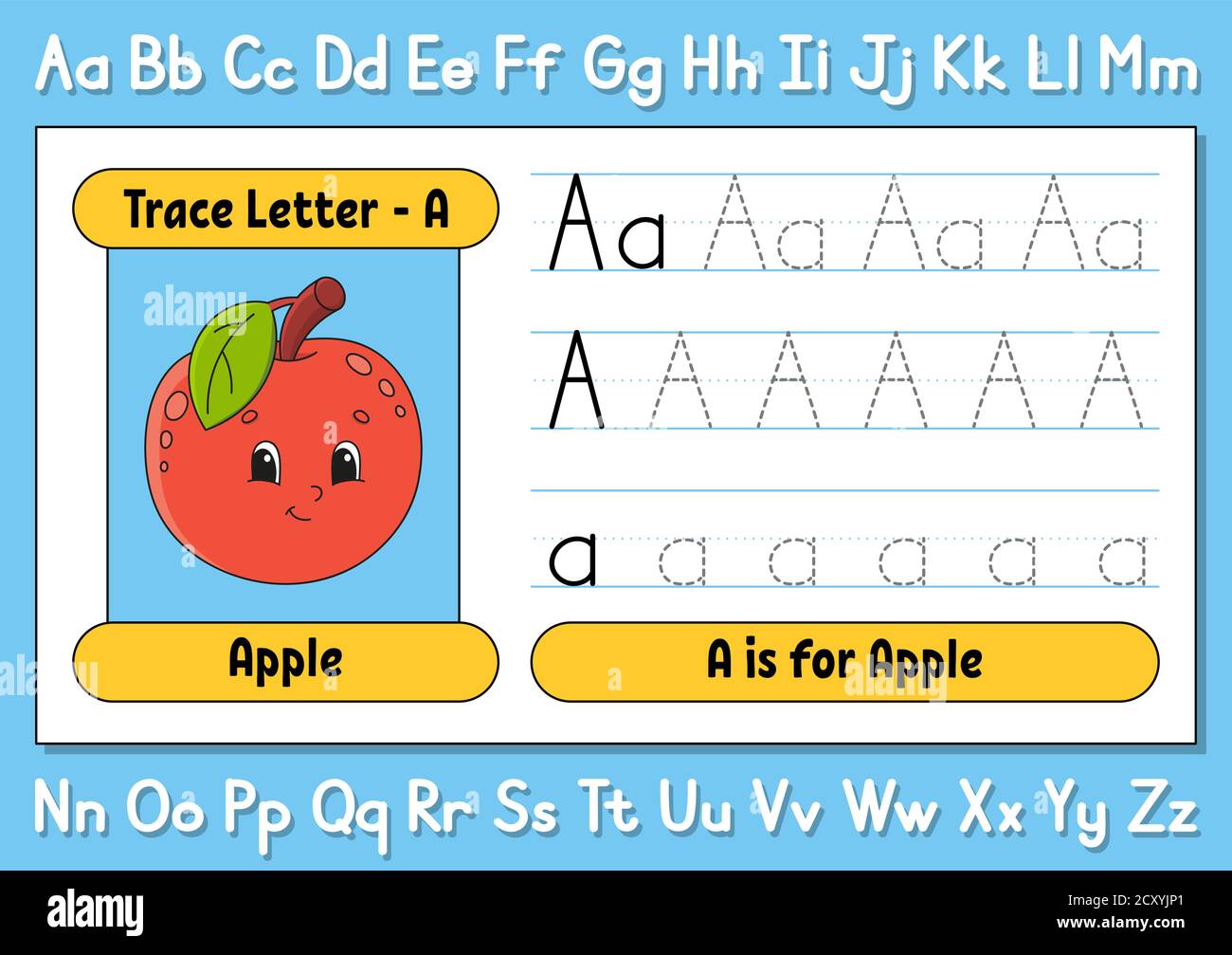 Lettere di traccia. Pratica di scrittura. Foglio di lavoro per i bambini. Imparare l'alfabeto. Carattere carino. Illustrazione vettoriale. Stile cartone animato. Illustrazione Vettoriale