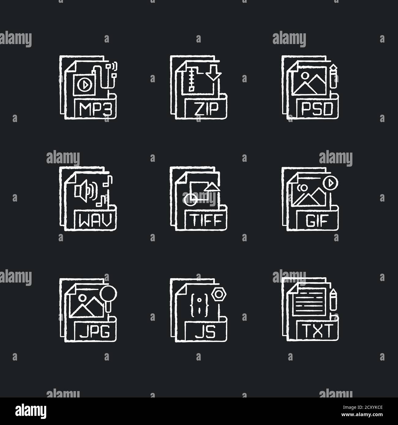 Formati di file icone bianche gesso impostate su sfondo nero Illustrazione Vettoriale