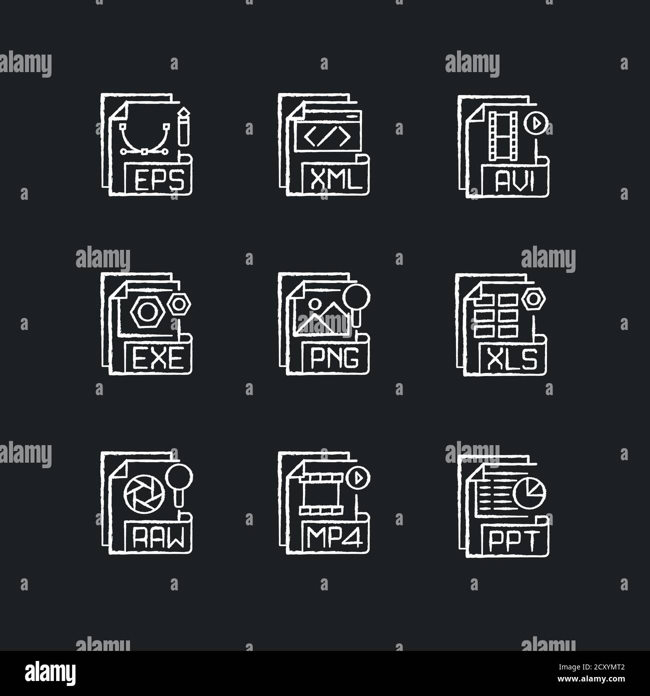 Formati di file icone bianche gesso impostate su sfondo nero Illustrazione Vettoriale