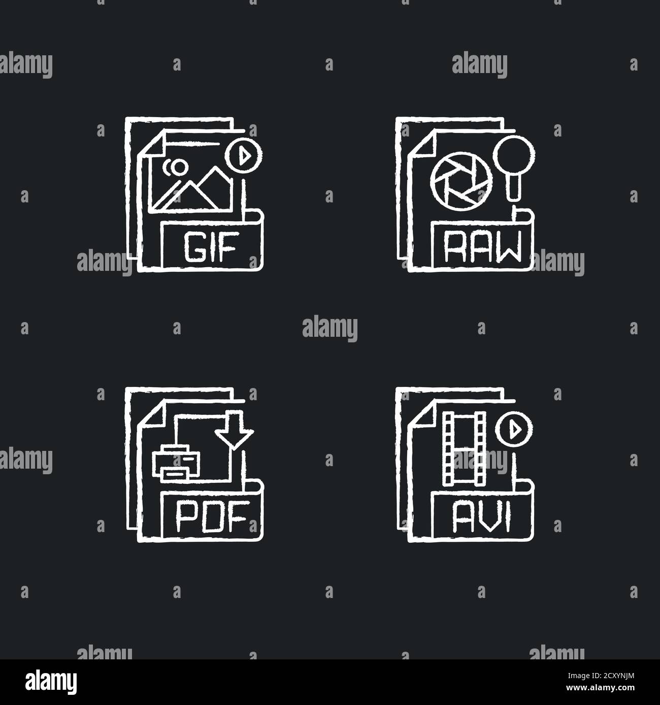 Tipi di file icone bianche gesso impostate su sfondo nero Illustrazione Vettoriale