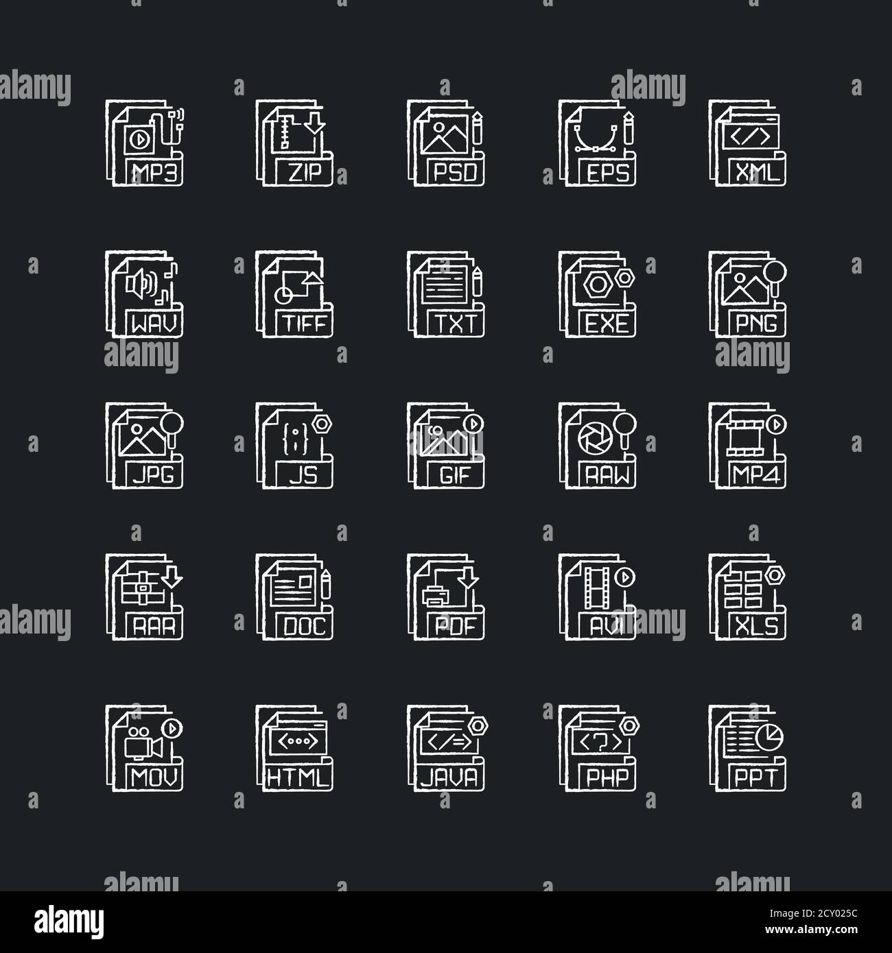 Estensioni file icone bianche gesso impostate su sfondo nero Illustrazione Vettoriale