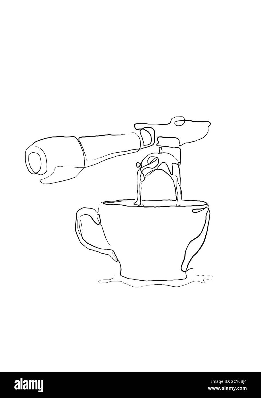 Disegno continuo di una linea della tazza di caffè e della macchina. Illustrazione della linea del caffè. Caffè o tè con una bella tazza e un flusso di fumo Foto Stock