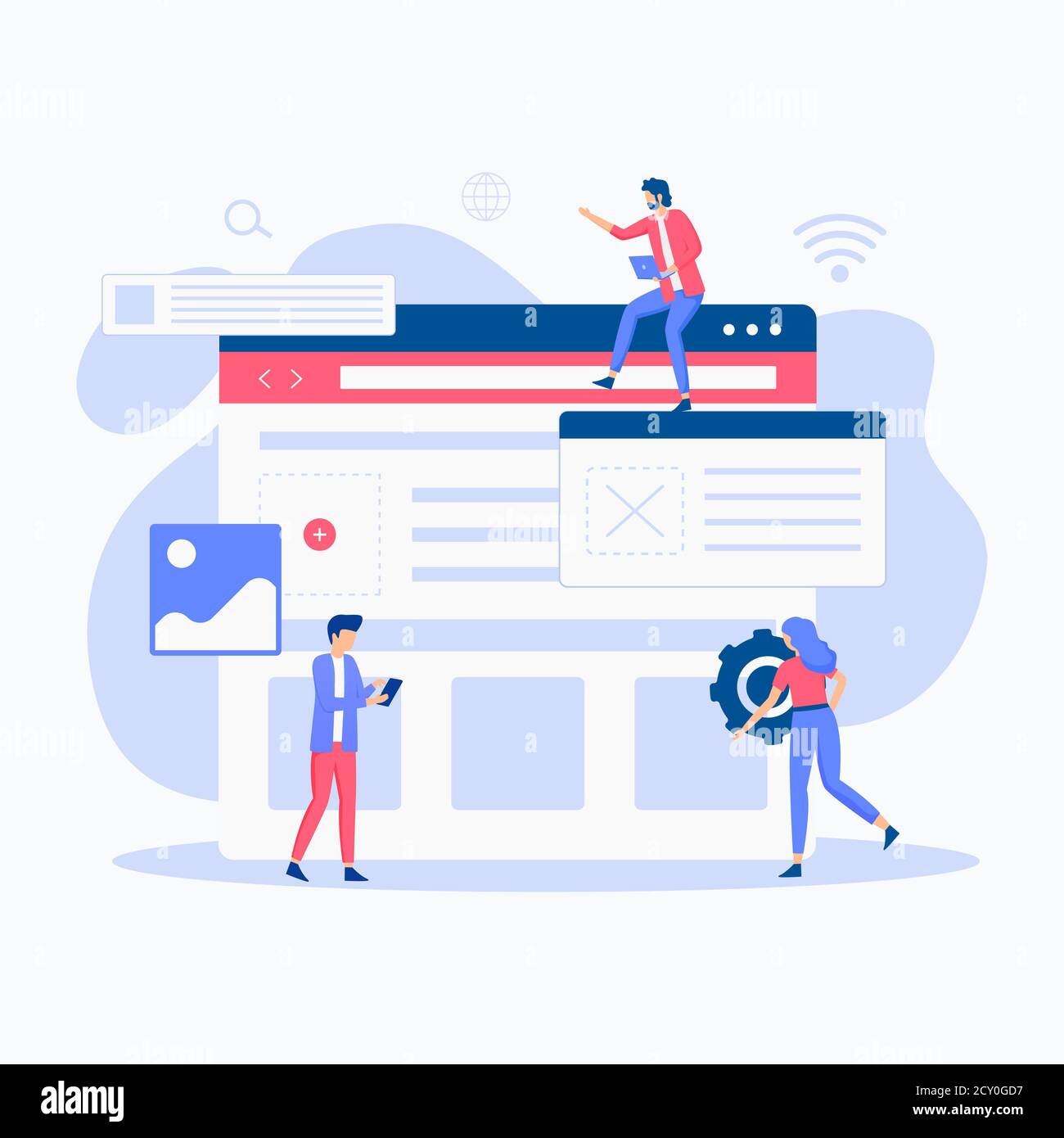Informazioni sulla configurazione del sito Web. Illustrazione di siti Web, landing page, applicazioni mobili, poster e banner. Foto Stock