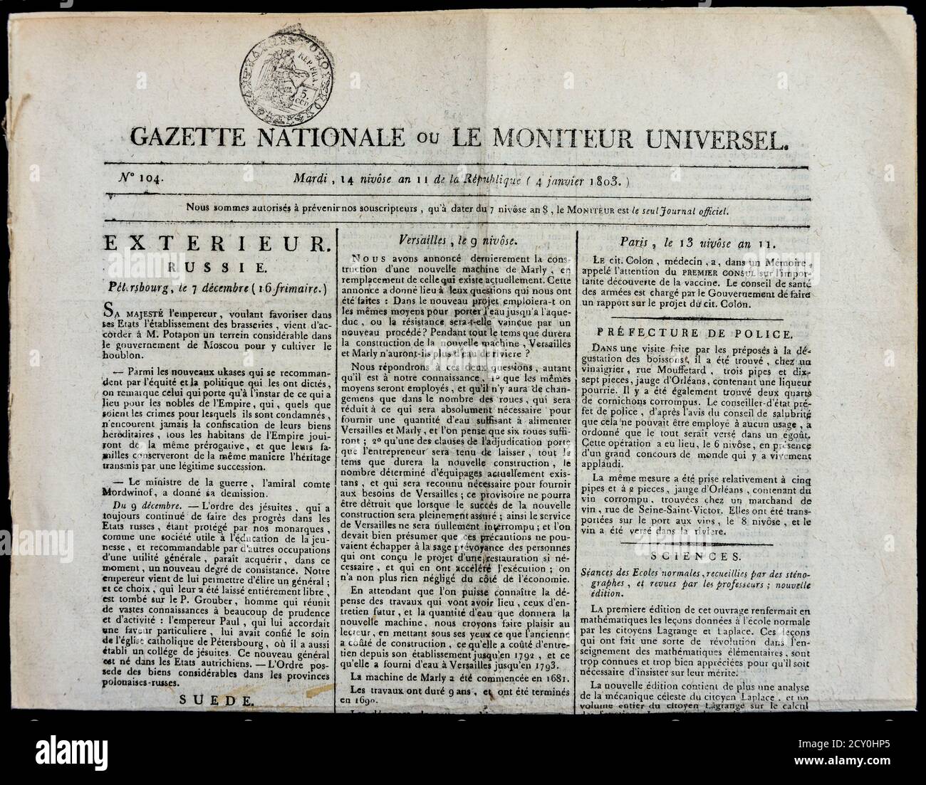 1803 quotidiano francese 'Gazette Nationale ou le Monitor Univerdel' dal periodo della Rivoluzione 200+ anni fa. Foto Stock