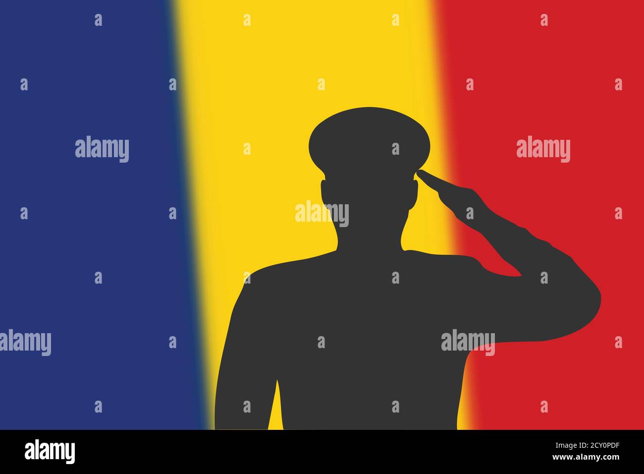 Silhouette a saldare su sfondo sfocato con bandiera Romania. Illustrazione Vettoriale