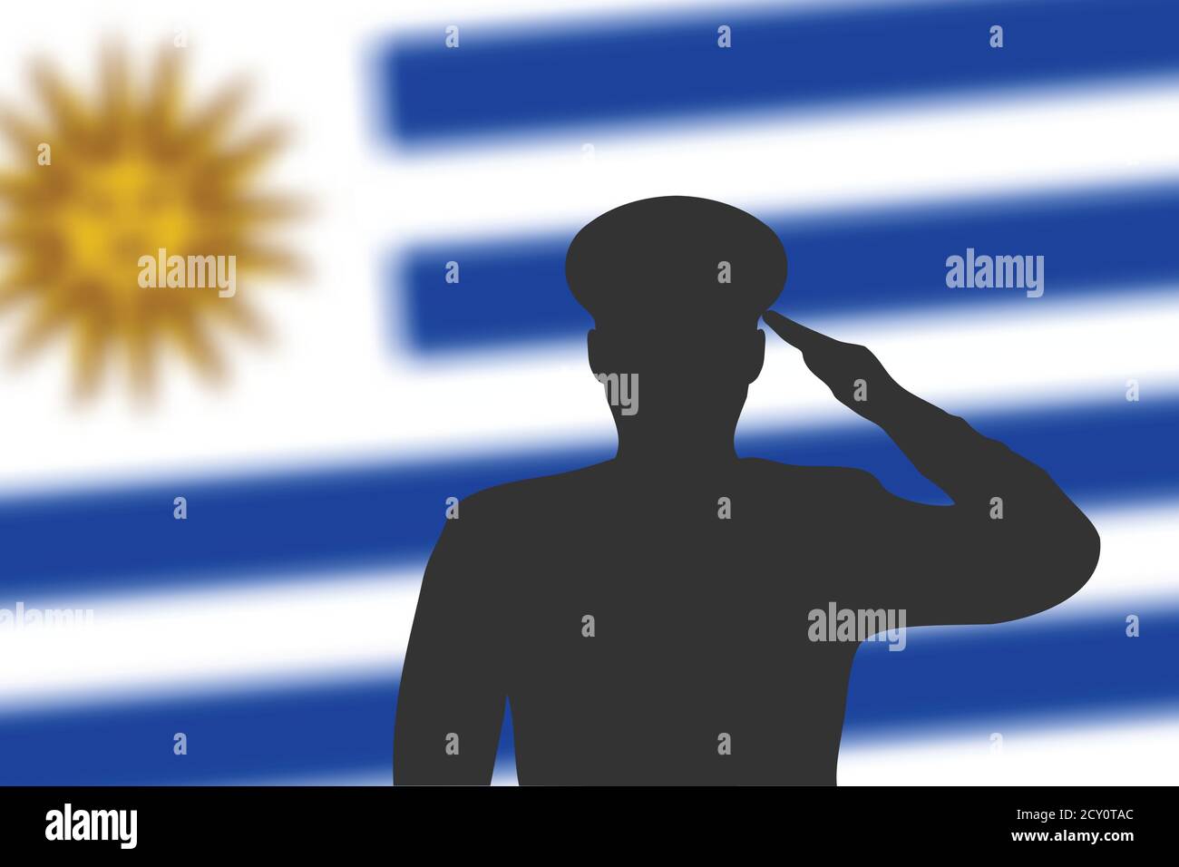 Saldare la silhouette su sfondo sfocato con bandiera Uruguay. Illustrazione Vettoriale