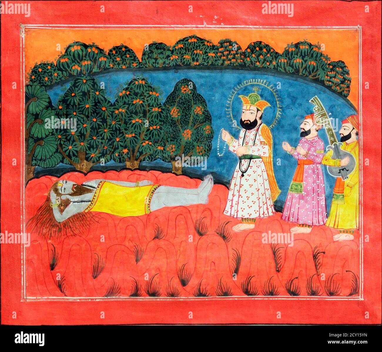 Il guru Nanak viene sulla Sanyasi Dattetreya, pittura, pigmenti naturali su carta, c.1775-1800, scuola di Kashmiri. Il guru Nanak fu il primo Guru di Sikh e il fondatore del Sikhismo. Foto Stock