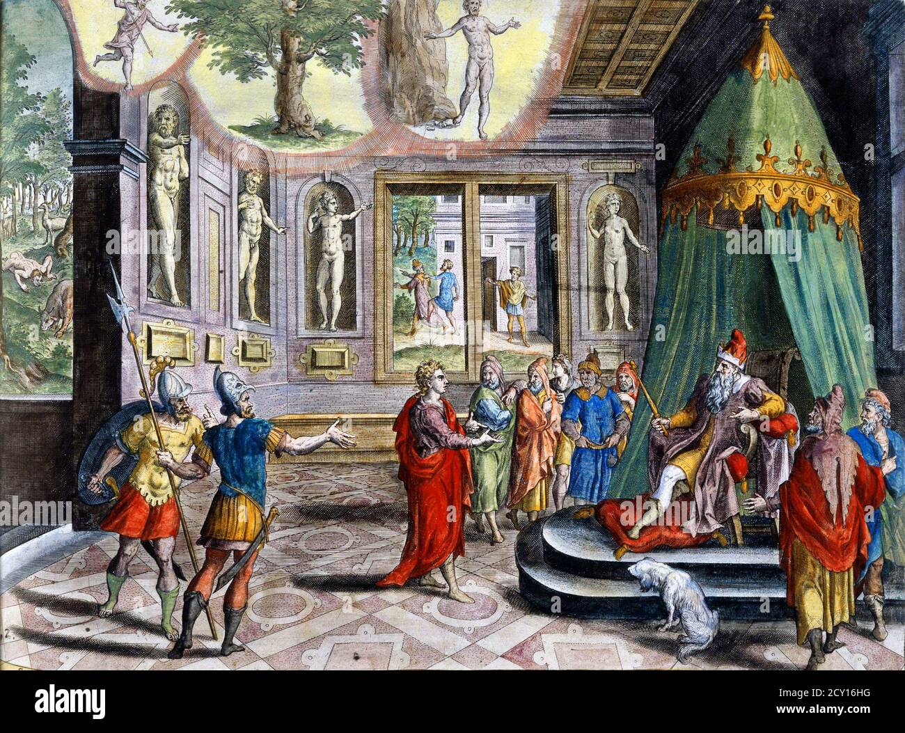 Daniel interpretando il sogno di Nebuchadnezzar II, incisione colorata a mano, 1585 Foto Stock