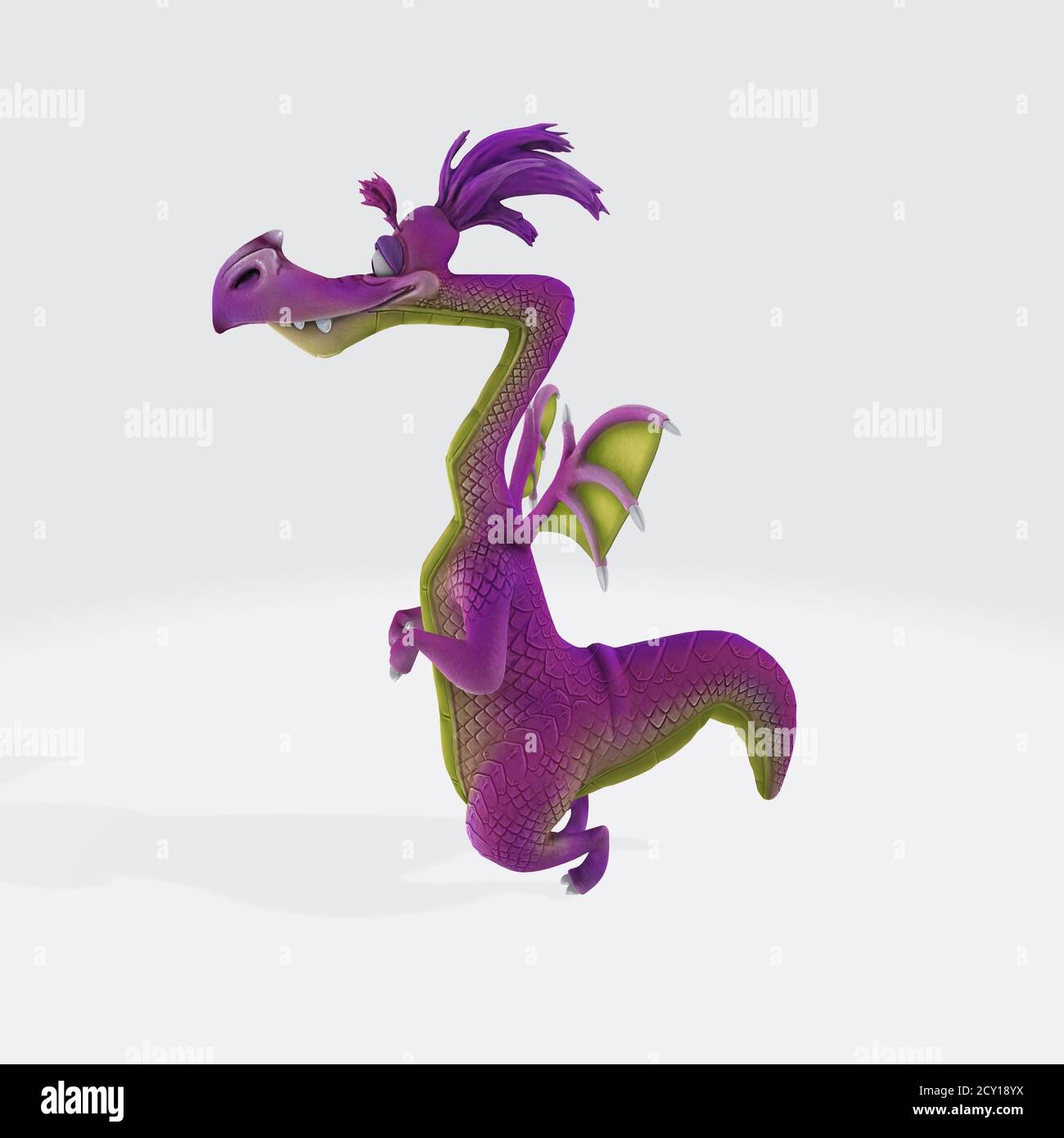 Rendering 3D di un simpatico e divertente personaggio di drago viola isolato su sfondo bianco Foto Stock