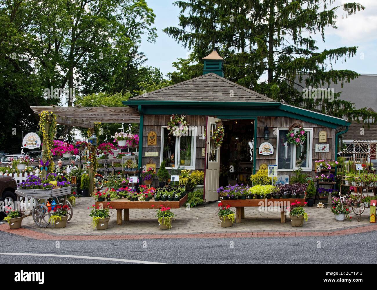 garden shop, fiori colorati, cestini appesi, negozio al dettaglio, business, vendita, attraente, Pennsylvania; Lancaster County; PA Foto Stock