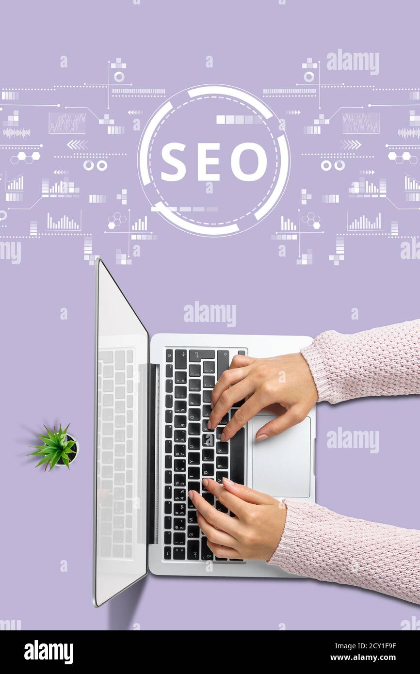 il concetto di ottimizzazione di search engine con la ragazza con il laptop. Foto Stock