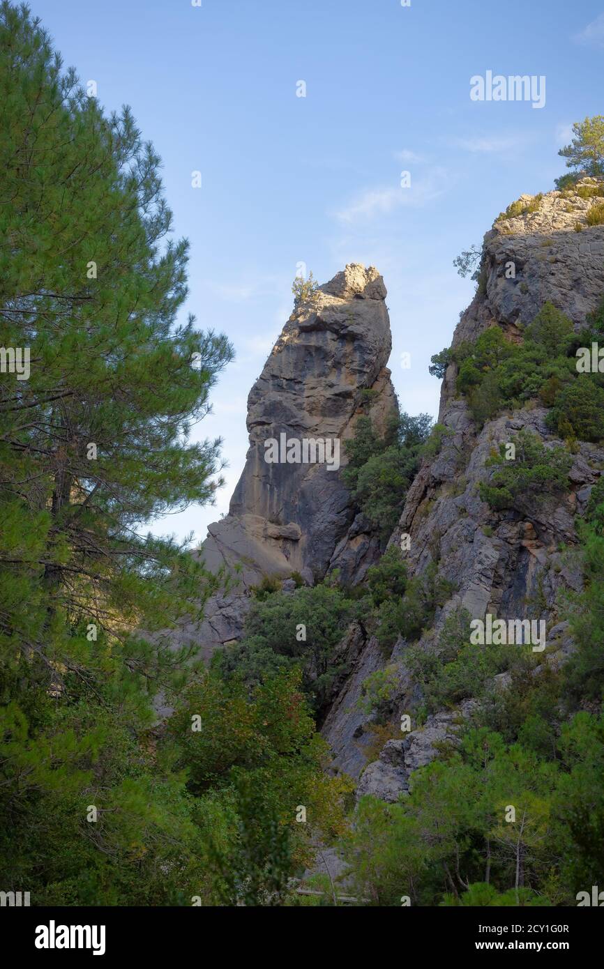 Vista di una grande roccia attaccata alle scogliere di montagna dei Port de Beseit, nella zona Parrizal, Beseit, Matarranya, Aragón, Spagna Foto Stock