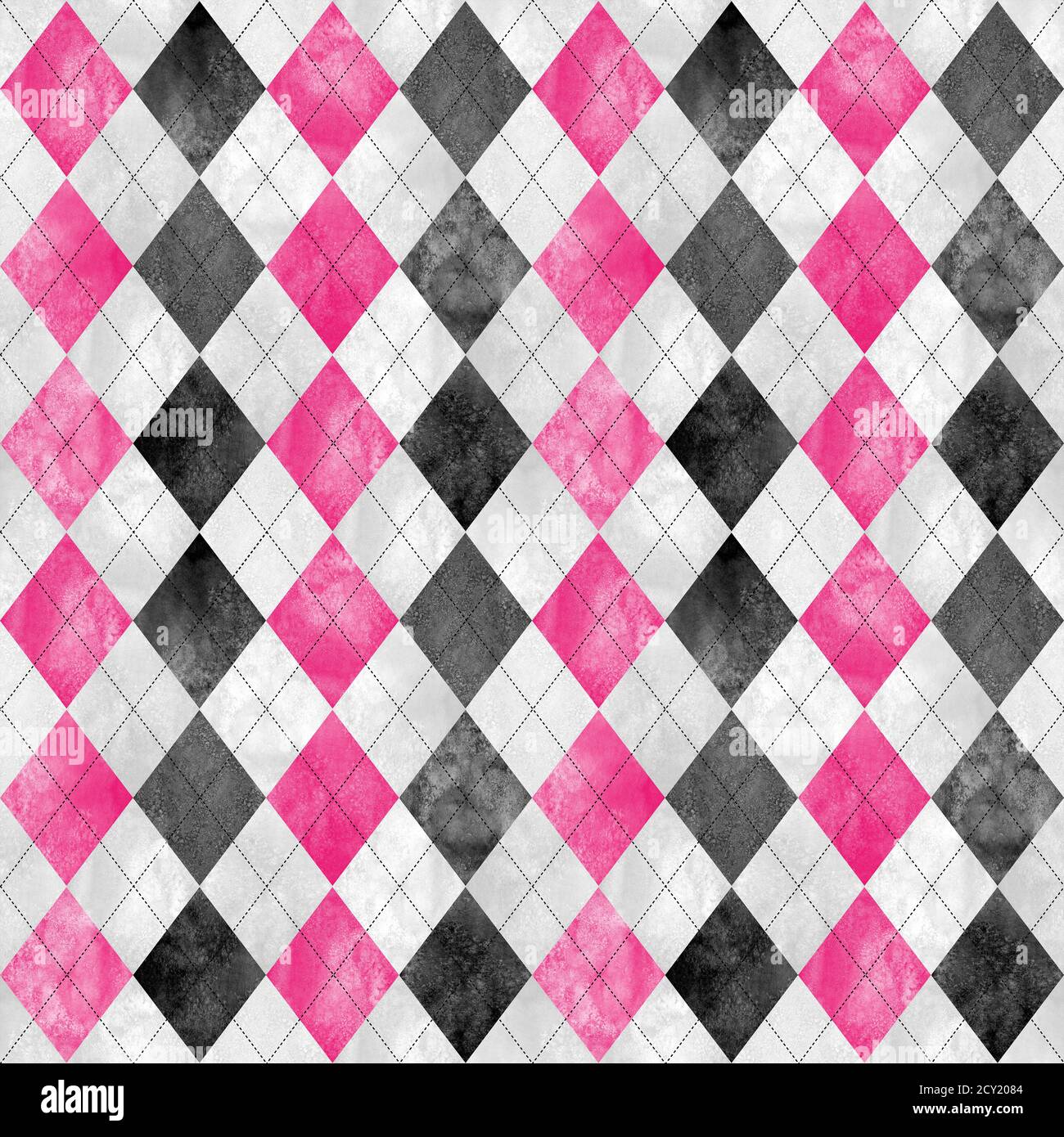 Modello a plaid senza cuciture Argyle. Acquerello disegnato a mano nero grigio bianco rosa texture sfondo. Watercolor diamante forme sfondo. Stampare per il panno Foto Stock