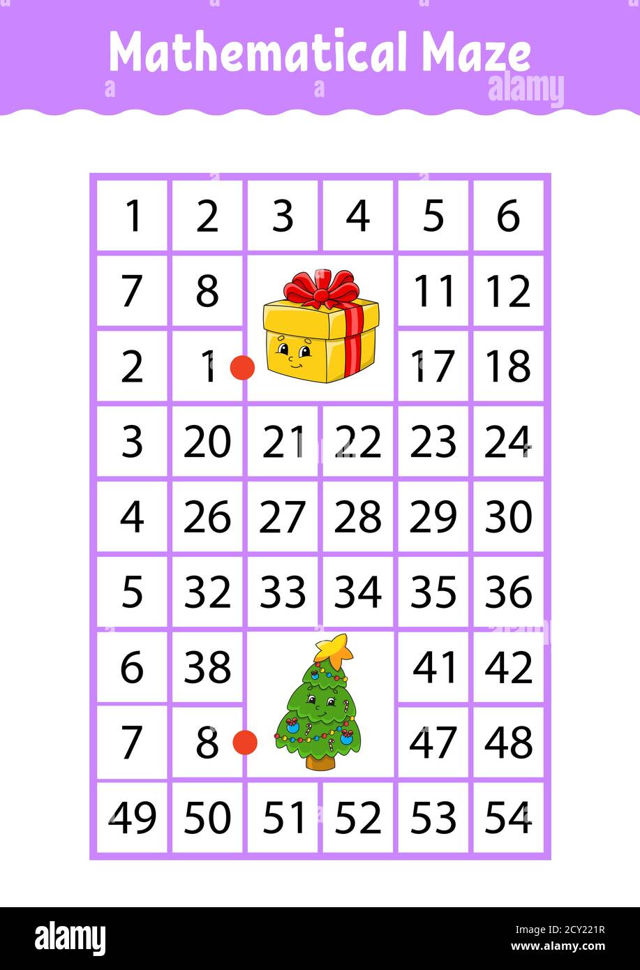 Labirinto rettangolare matematico. Gioco per bambini. Numero labirinto. Foglio di lavoro Education. Pagina attività. Indovinello per bambini. Personaggi cartoni animati. Illustrazione Vettoriale